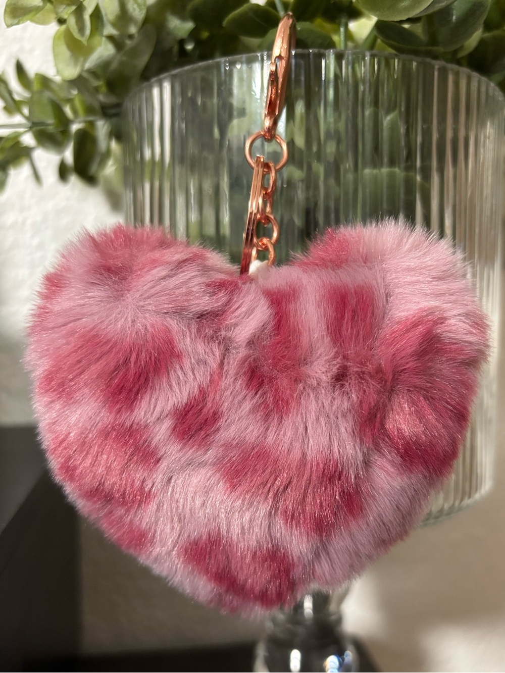 Pink Leopard Faux Fur Heart Bag Charm / Keychain (NWOT)